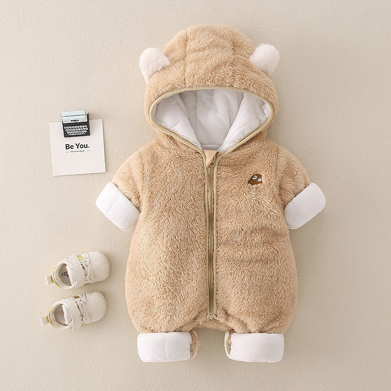 Beige teddy fleece hooded baby romper with bear ears