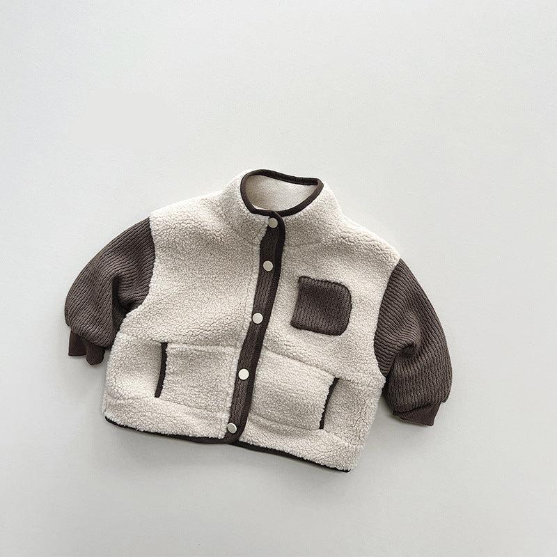 Beige teddy fleece jacket with brown sleeves