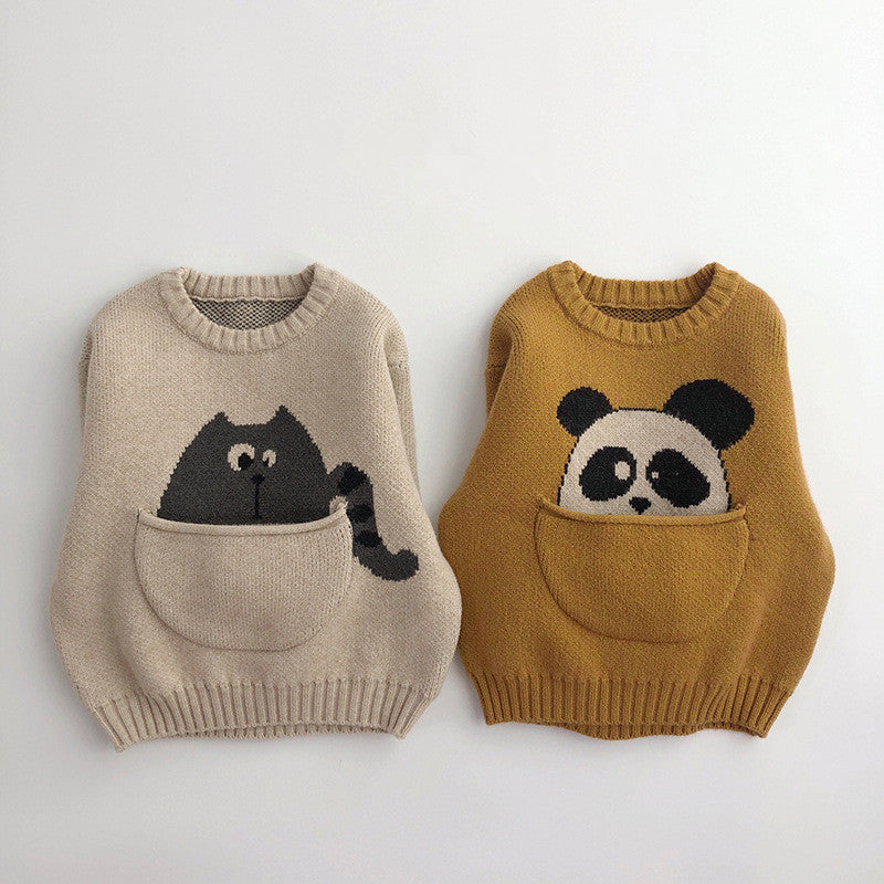 Beige cat and turmeric panda pocket knit sweaters