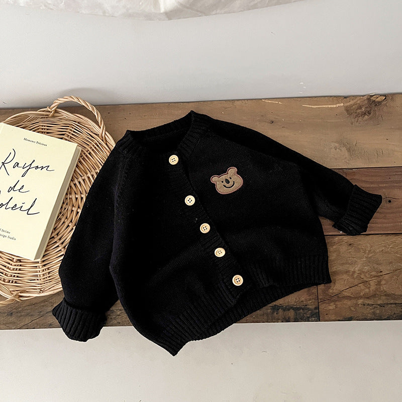 Black bear patch knit baby cardigan
