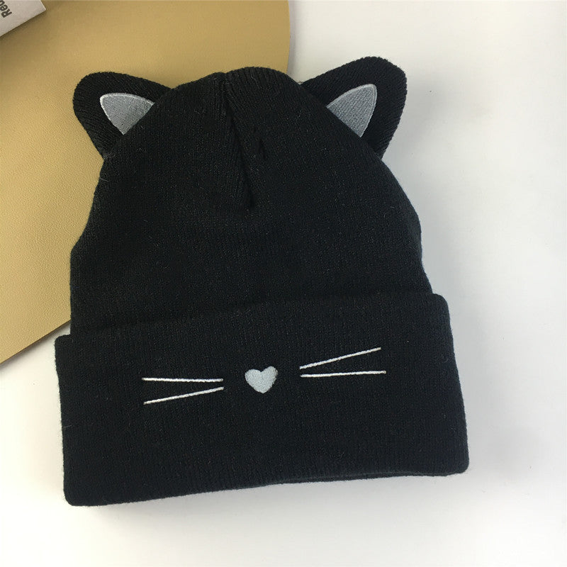 Black cat ears knit beanie with whiskers