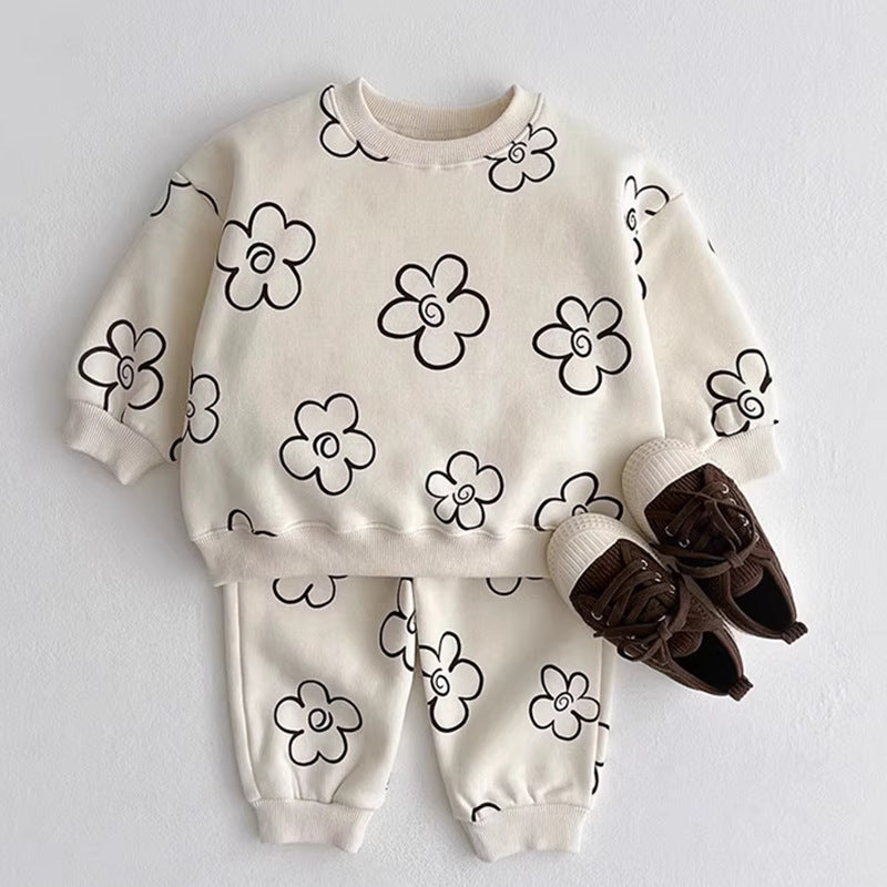 Cream pajama set with black outline flower print and slippers