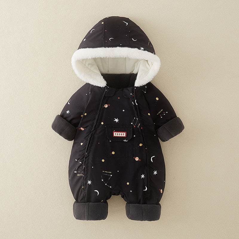 Black printed hooded baby snowsuit
