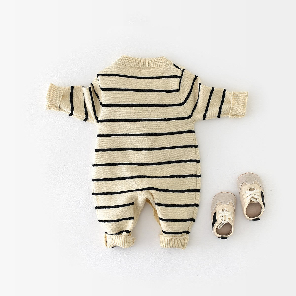Black striped knit baby romper with slippers