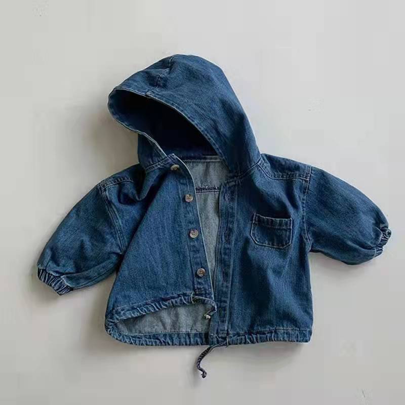 Blue denim hooded baby jacket with drawstring hem