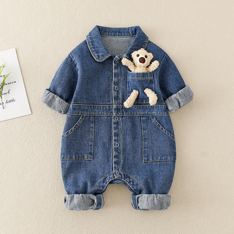 Blue denim collared baby jumpsuit with plush teddy in pocket