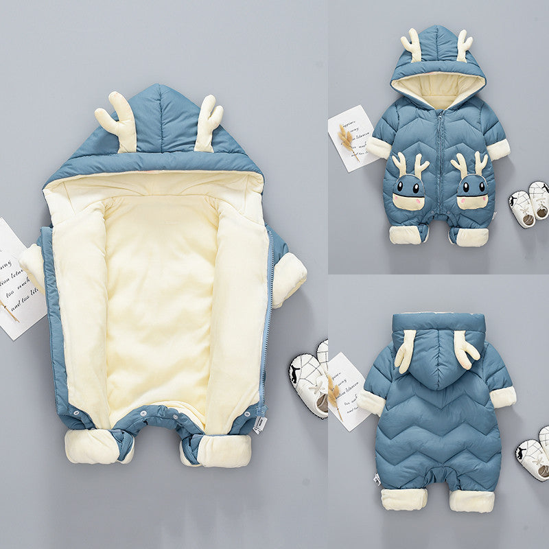 Blue reindeer snowsuit shown open with fleece lining