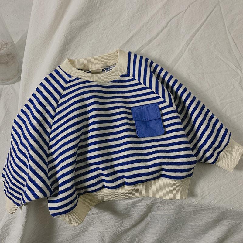 Blue and white striped baby sweatshirt with pocket