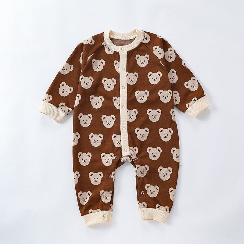 Brown teddy bear knit romper laid flat