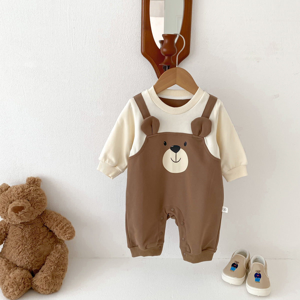 Brown bear mock overall jumpsuit with cream sleeves