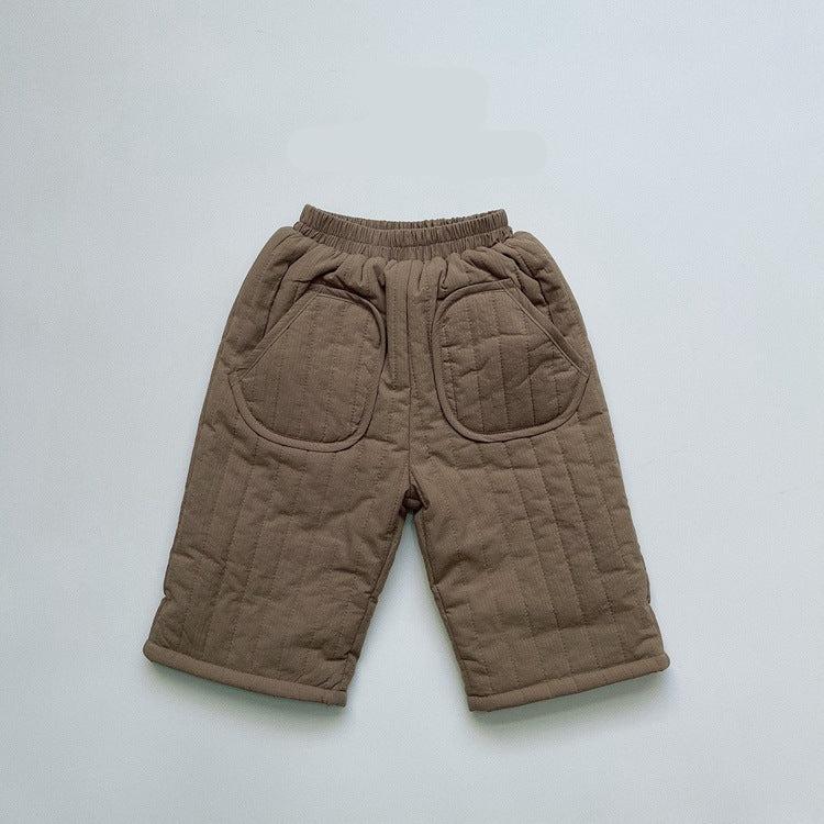 Beige brown quilted cropped pants with pockets