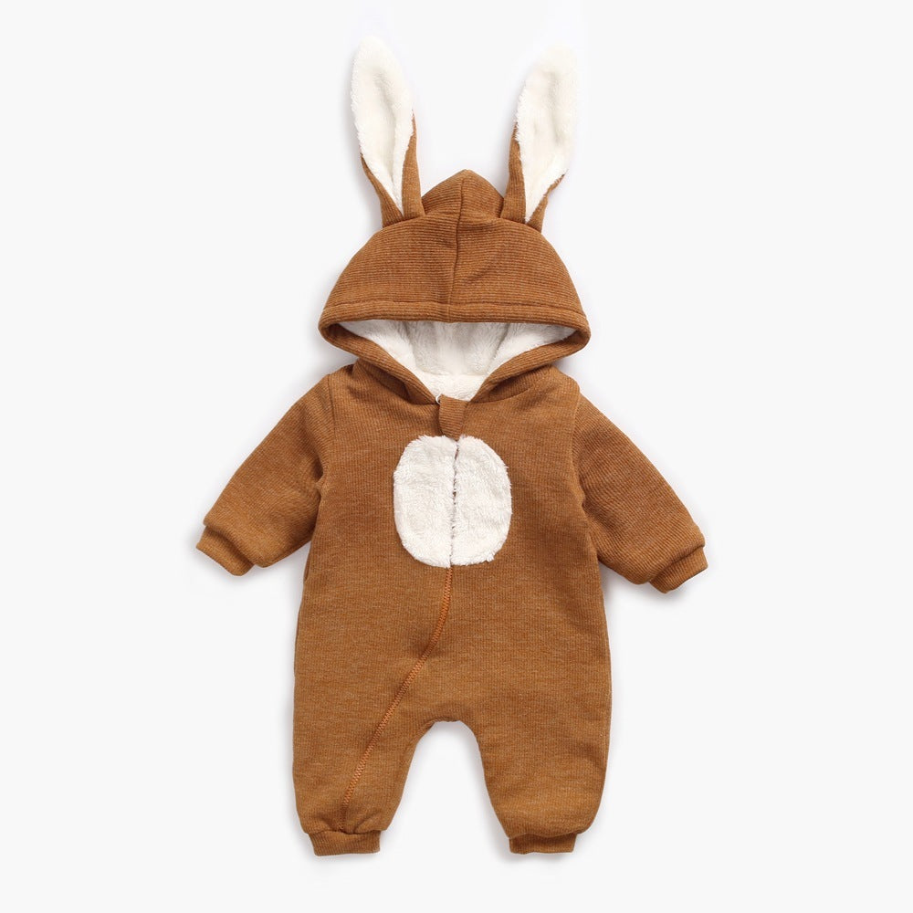 Brown bunny ears baby jumpsuit with fluffy tummy patch