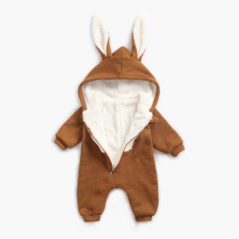 Brown bunny ears hooded baby jumpsuit with hood up