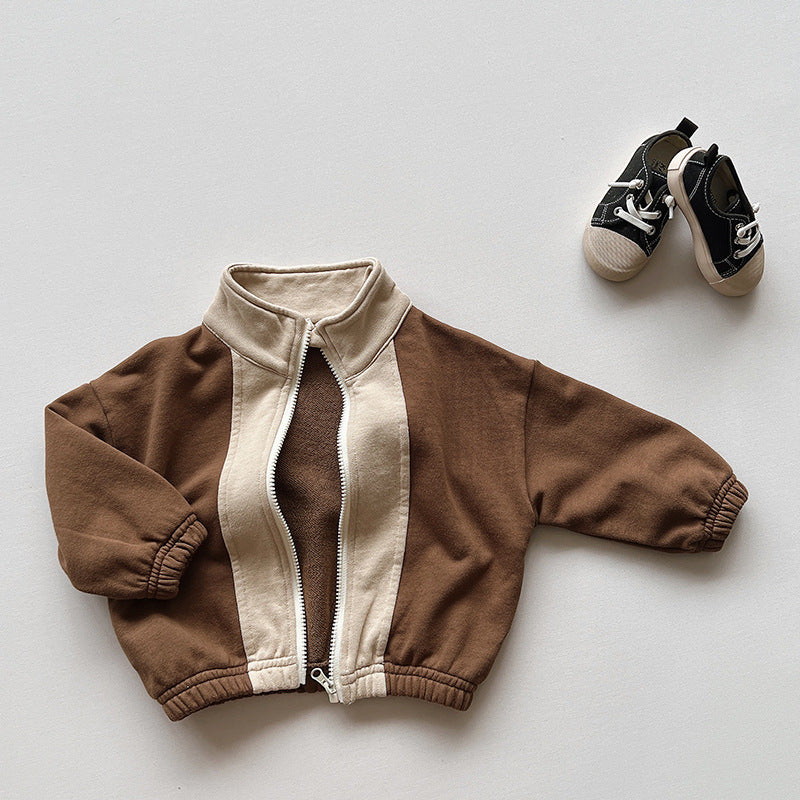 Brown zip-up baby jacket with cream contrast stripe