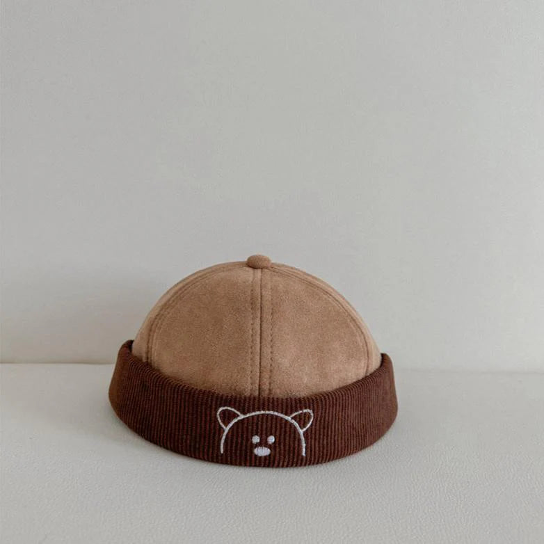 Light brown corduroy baby hat with brown bear band