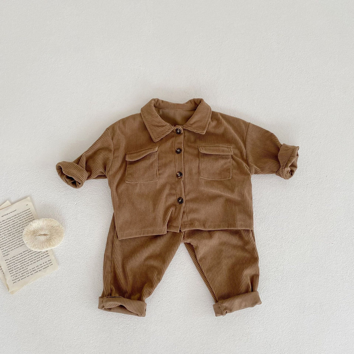 Brown corduroy shirt jacket and pants set