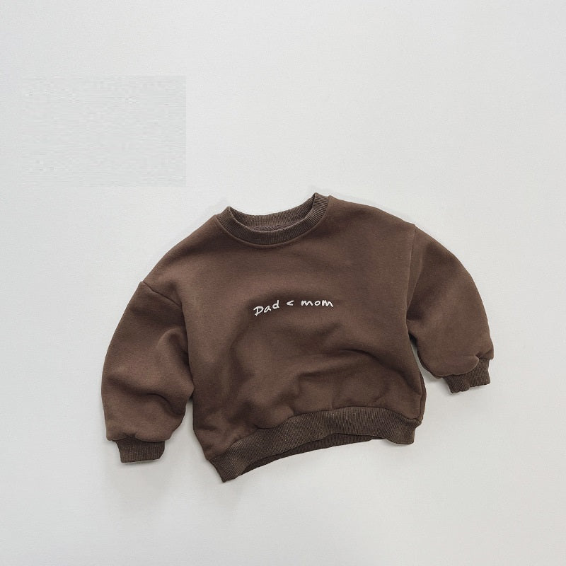 Brown fleece-lined baby sweatshirt with Dad < Mom slogan