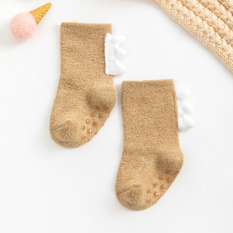 Mustard brown fuzzy dino sleep socks
