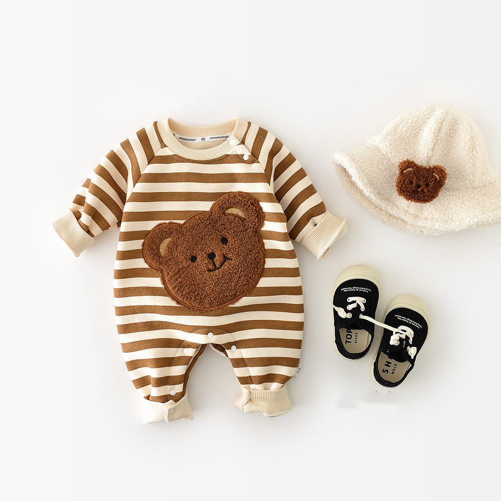 Brown striped bear romper with bucket hat and shoes