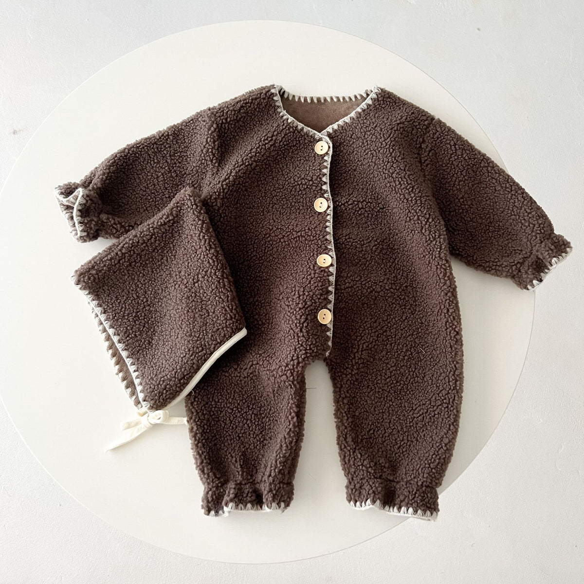 Brown teddy fleece baby romper with matching bonnet