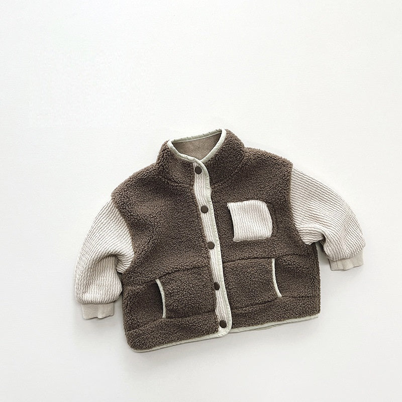 Brown teddy fleece jacket with cream sleeves