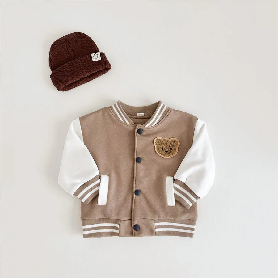 Brown varsity bomber jacket for toddlers with bear patch