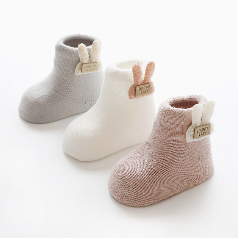 Gray, cream and pink baby socks with bunny ear tags