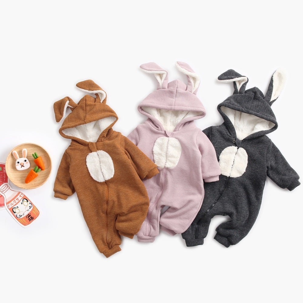 Brown, pink and dark gray bunny ear hooded baby jumpsuits