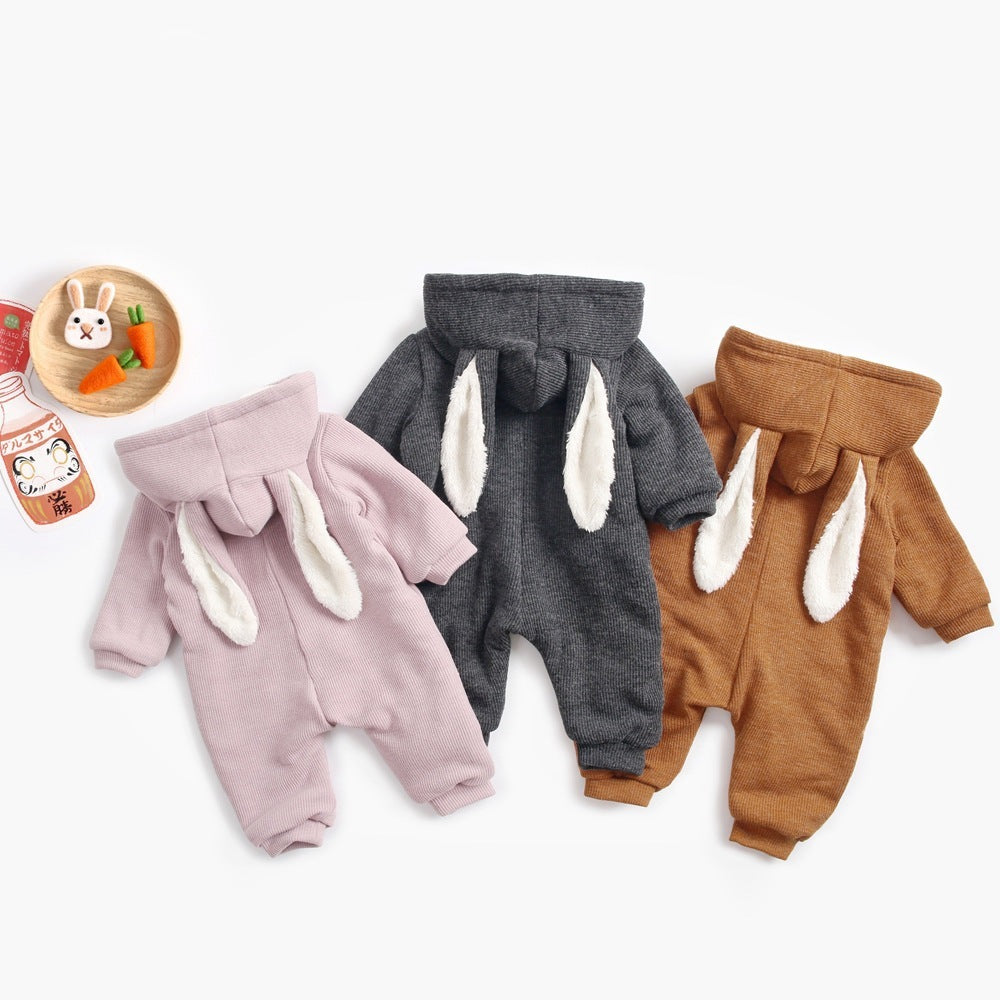 Back view of pink, gray and brown bunny jumpsuits