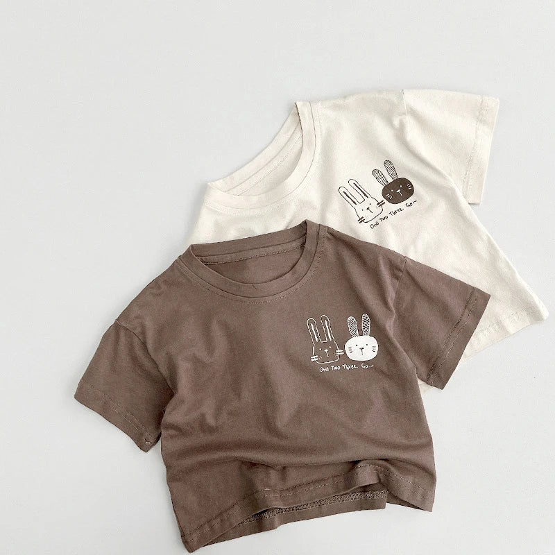 Cream and coffee bunny tees stacked