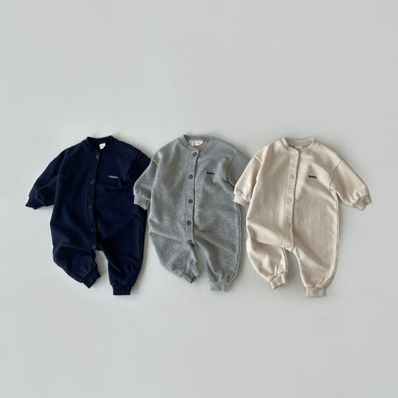 Navy, gray and beige button-front sweatshirt baby jumpsuits