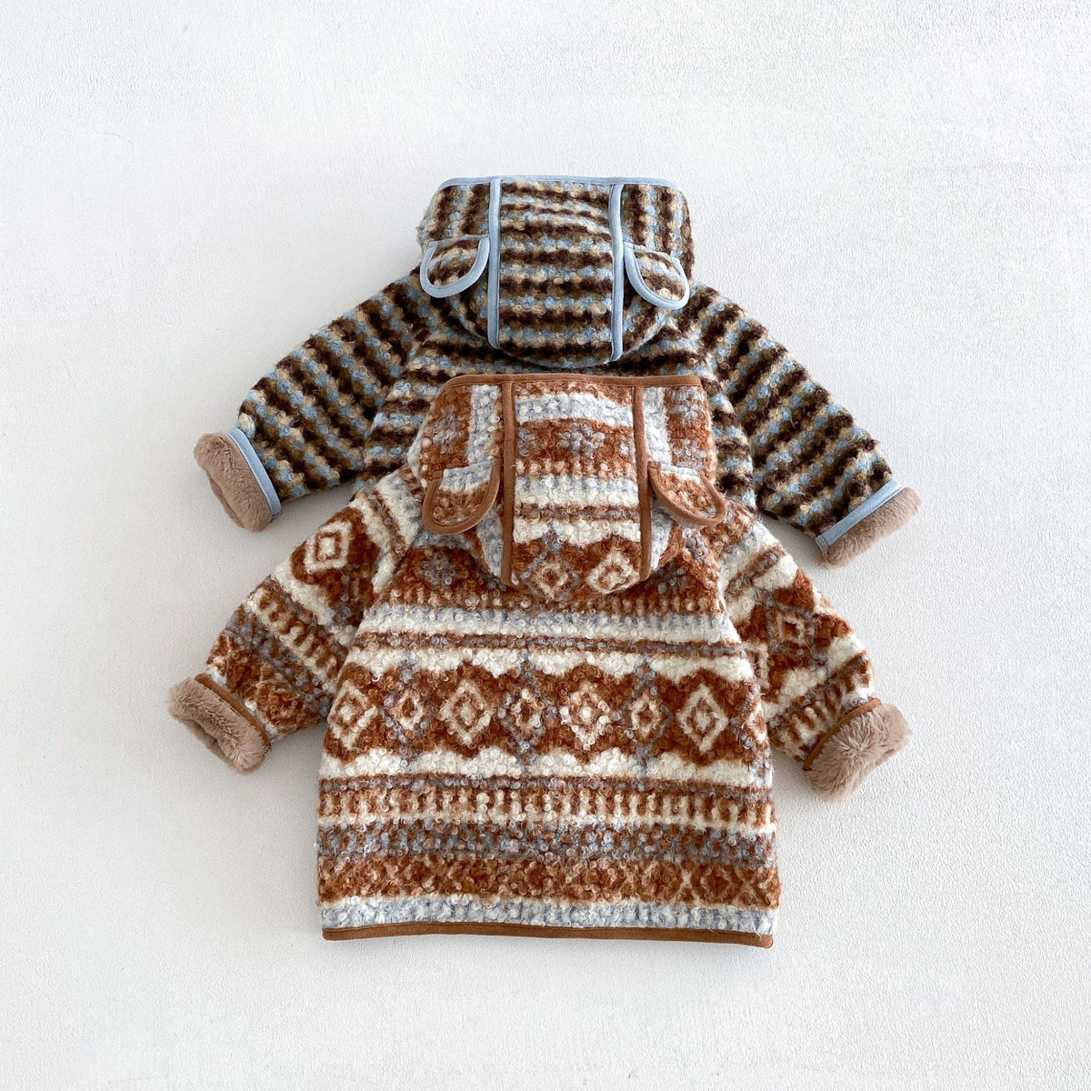 Back view of the fair isle coat showing the bear-ear hood