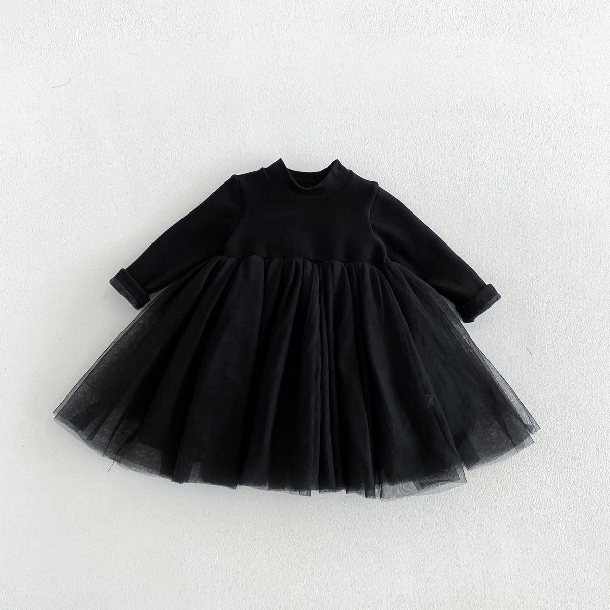 Black long-sleeve tulle dress for toddler girls, flat lay