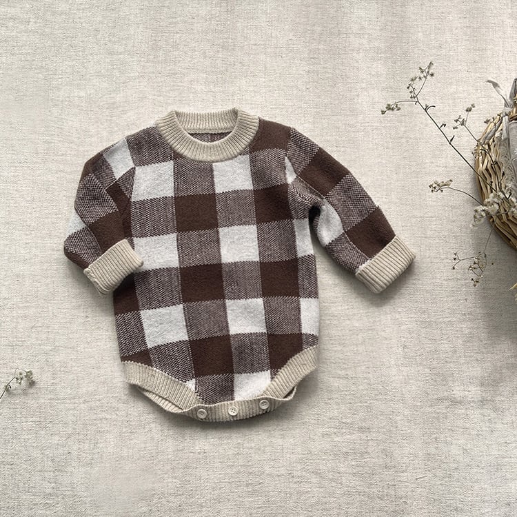 Chocolate brown gingham knit sweater romper, flat lay