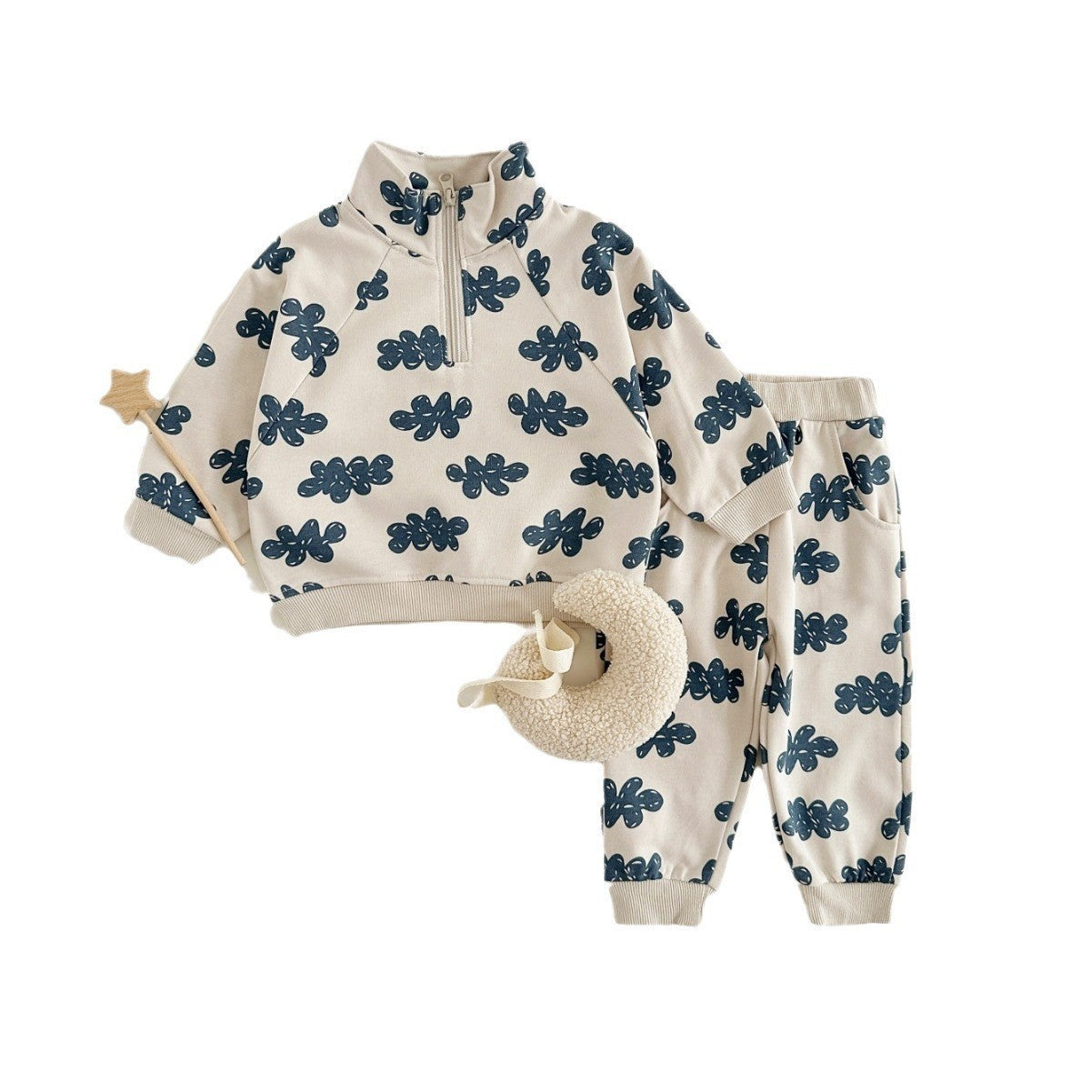 Two-piece Boys' Printed Long-sleeved Half-zip Top