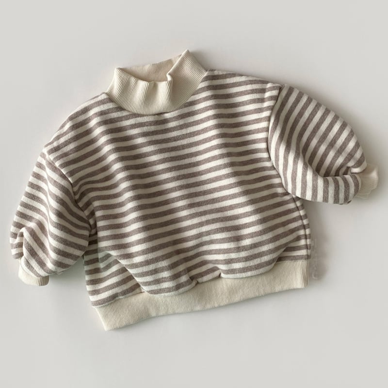 Grey and cream striped mock neck toddler top, flat lay