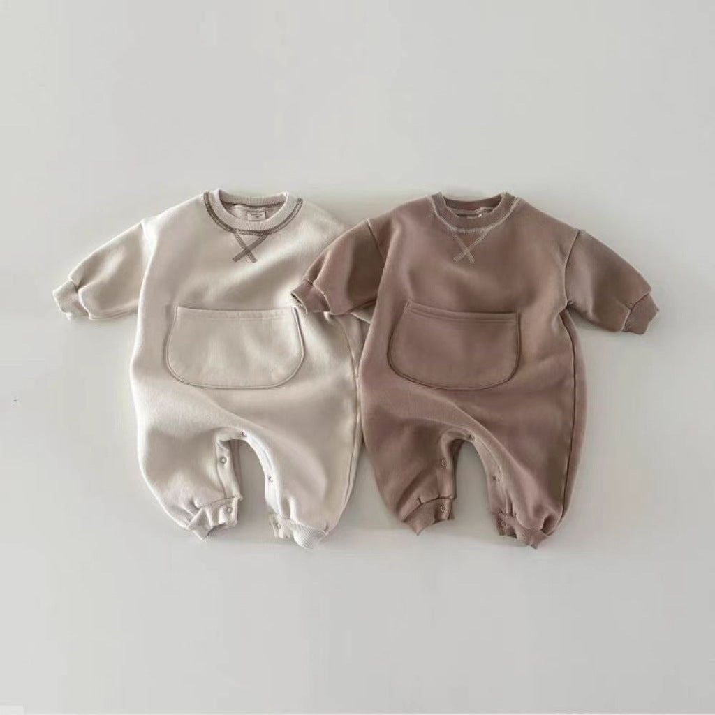 Solid Color Kangaroo Pocket Belly Big Bag Long Sleeve Romper