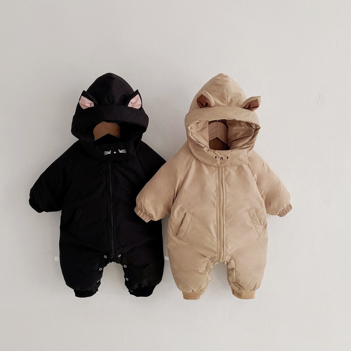 Black cat ears and khaki bear ears hooded puffer baby rompers