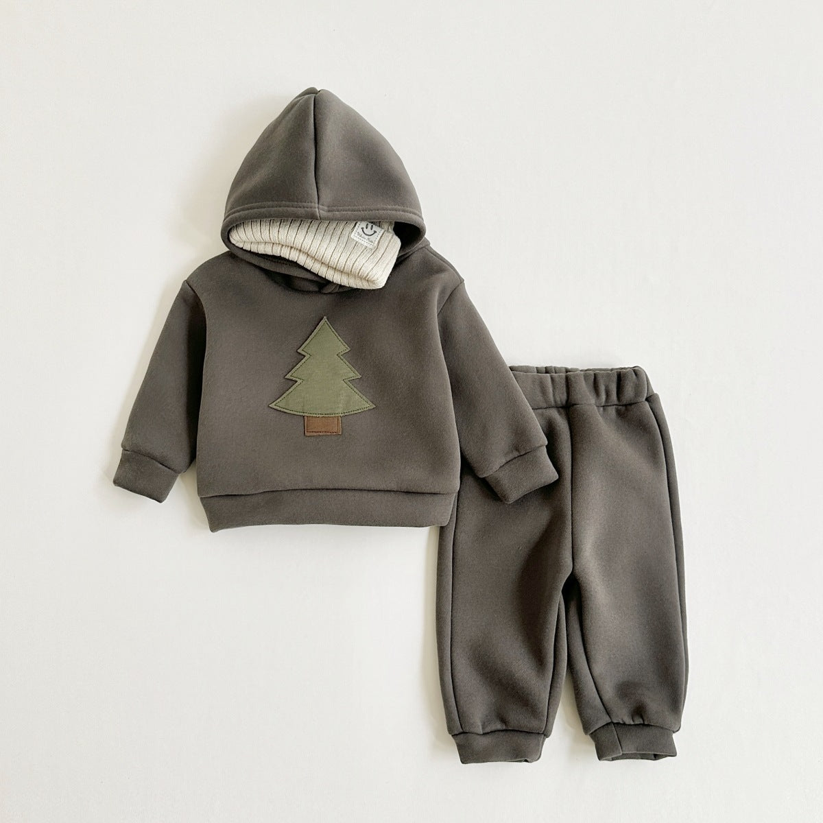 Charcoal gray hooded sweatshirt and joggers with Christmas tree design