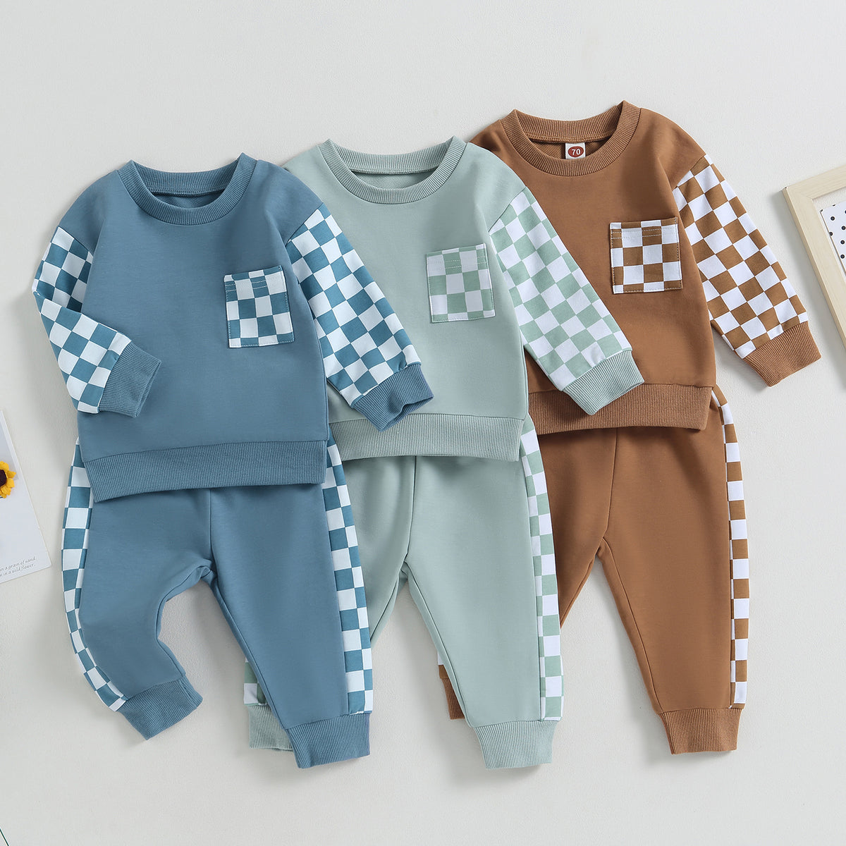 Blue, green and brown checkerboard sweatshirt sets