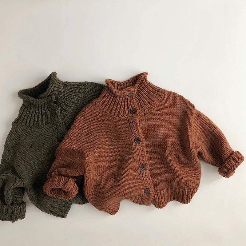 Rust brown and olive green chunky knit stand collar cardigans