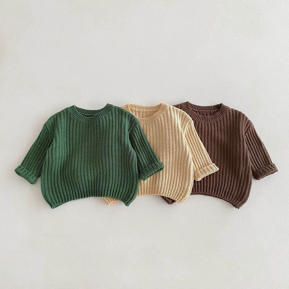 Green, beige and brown chunky rib knit sweaters