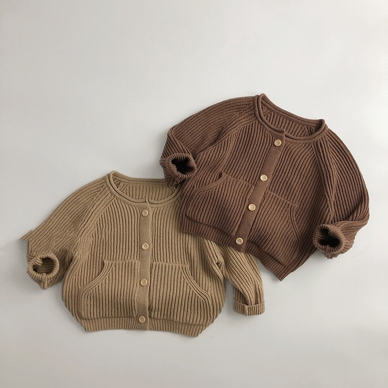 Chunky ribbed knit baby cardigans in brown and light brown with button front