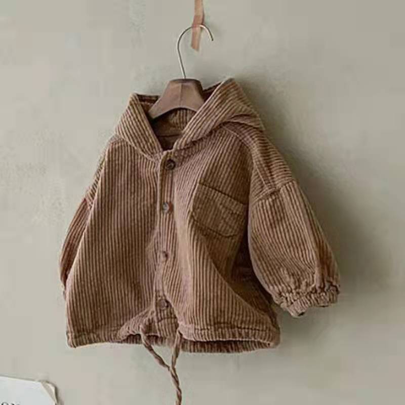 Coffee corduroy hooded jacket on a hanger
