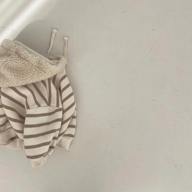 Coffee striped hoodie showing sherpa hood