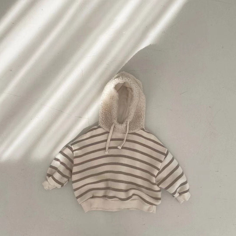 Coffee striped baby hoodie with sherpa hood