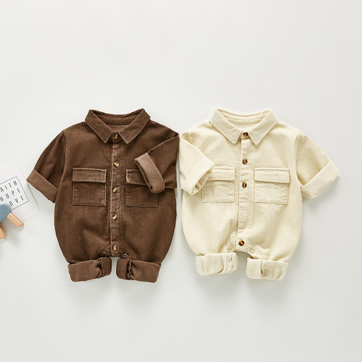Brown and beige corduroy collared baby rompers