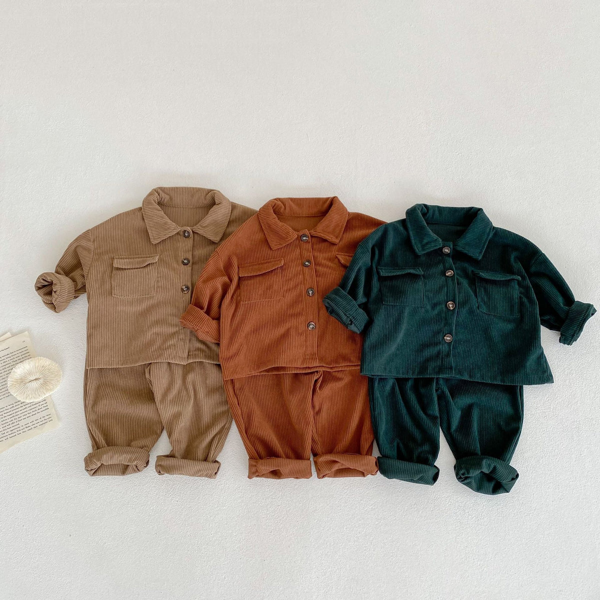 Brown, rust and green corduroy shirt and pants sets