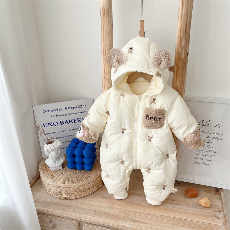 Cream padded baby snowsuit with bear ear hood