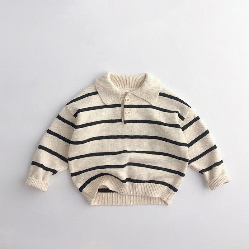 Cream and black striped polo collar knit sweater